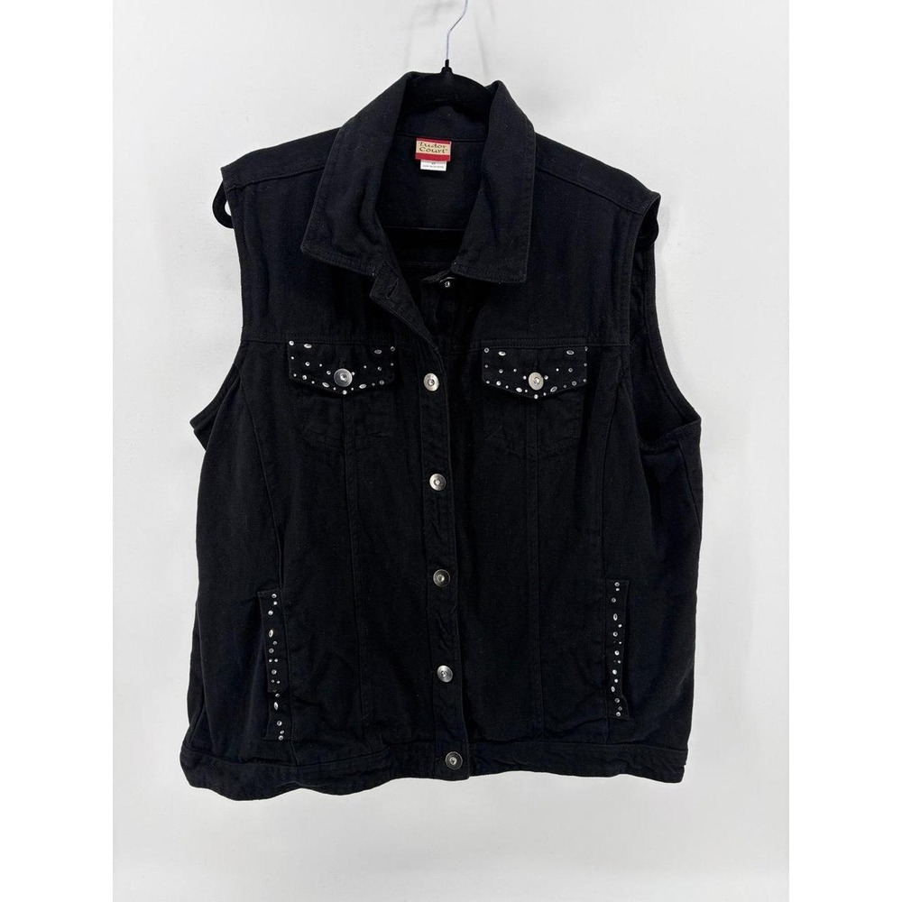 Tudor Court Jean Vest, Jacket, Black Button Front Pockets Sleeveless Bling, XX